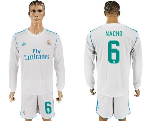 Real Madrid #6 Nacho White Home Long Sleeves Soccer Club Jersey - Click Image to Close